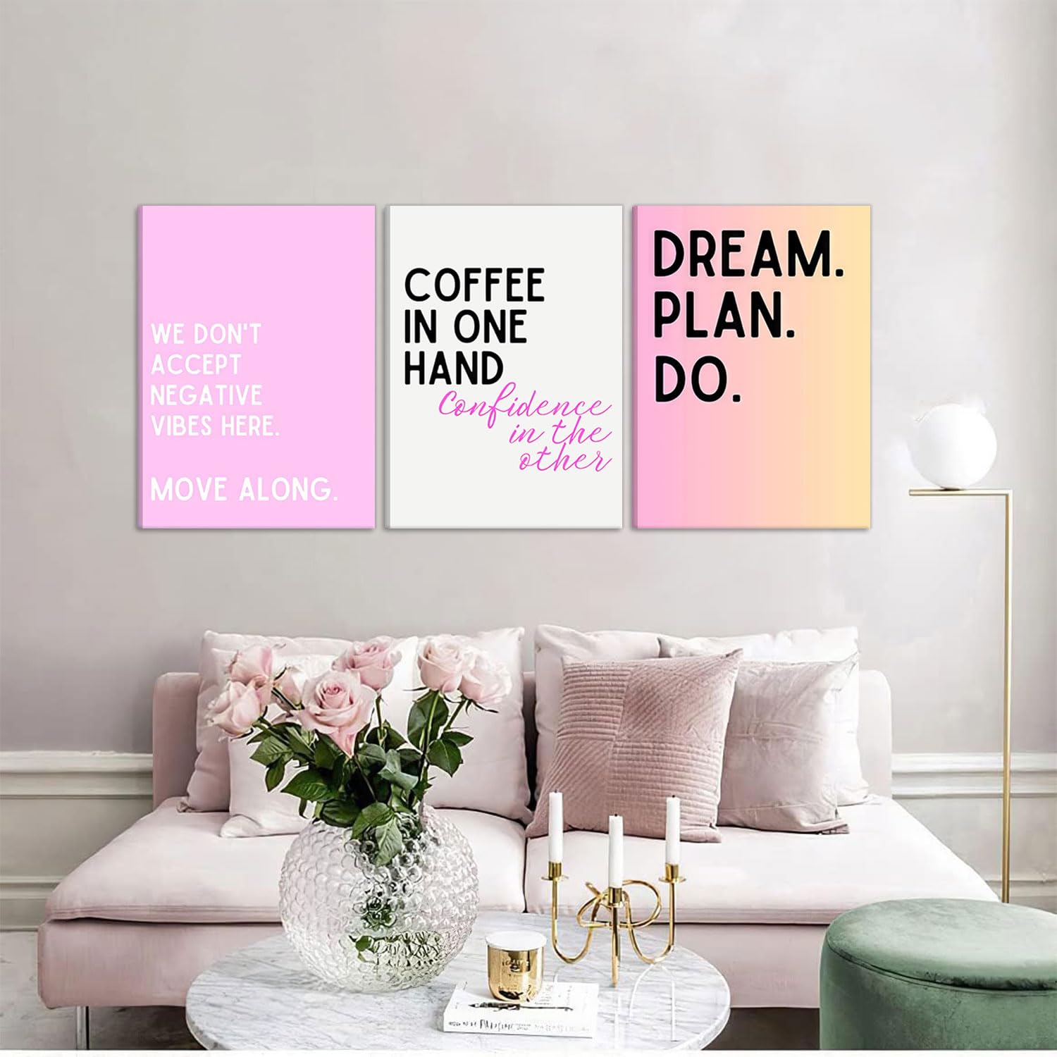 3 lienzos motivacionales femeninos rosados para pared, arte inspirador para la oficina, decoración de pared, imágenes con texto en inglés "We Don't Accept Negative Vibes Here Move Along", pósteres