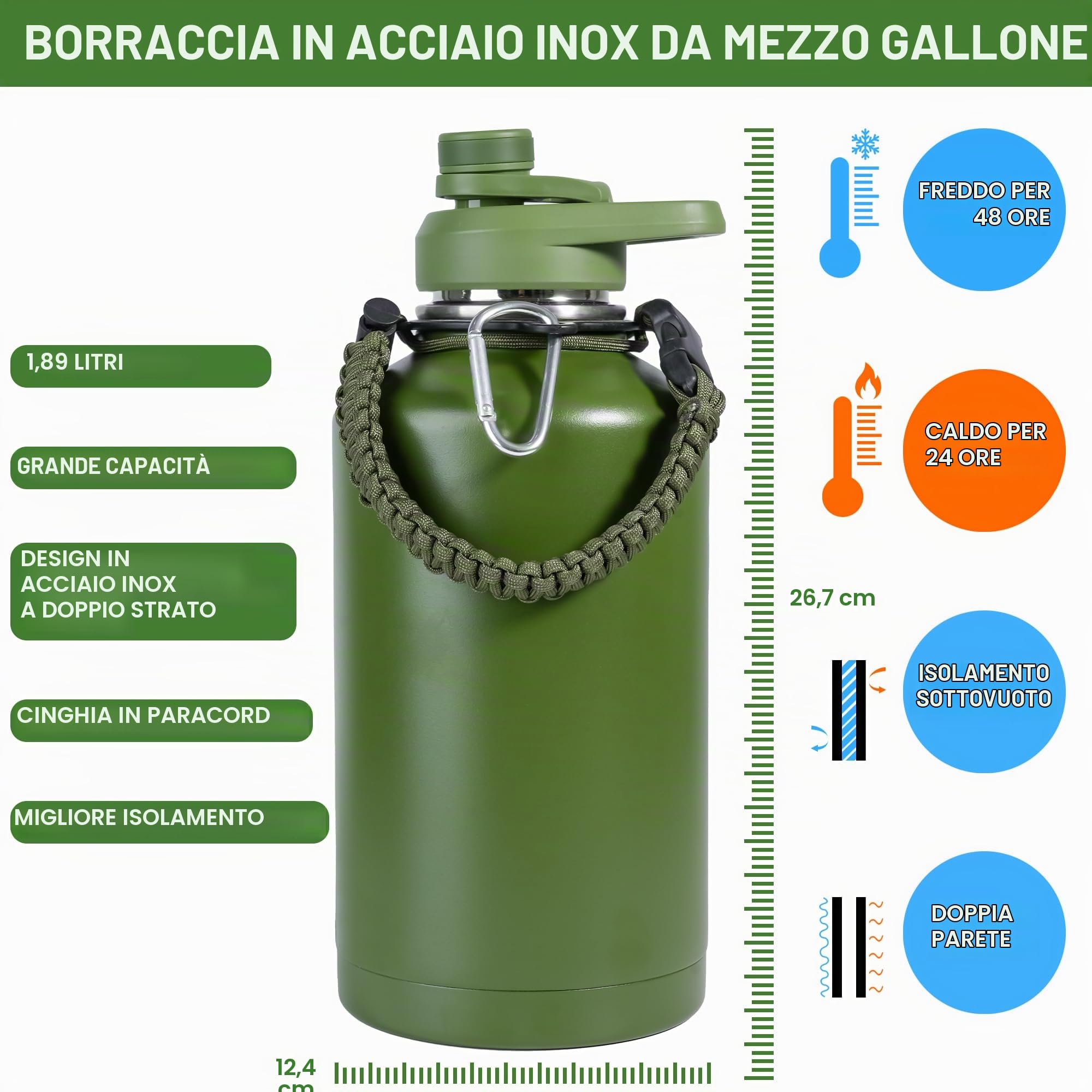 Borraccia Termica in Acciaio Inox, 2,2 Litri Portatile Borraccia, Borsa Portatile in Tessuto Oxford e Bottiglia Termica Senza Perdite per Sport, Campeggio, Palestra, Sala da Pranzo