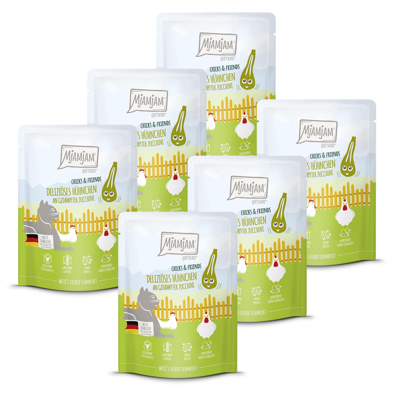 MjAMjAM - Premium wet food for cats - Quetschie - Chicks & Friends delicious chicken with steamed courgette, 6 pack (6 x 300g), grain-free