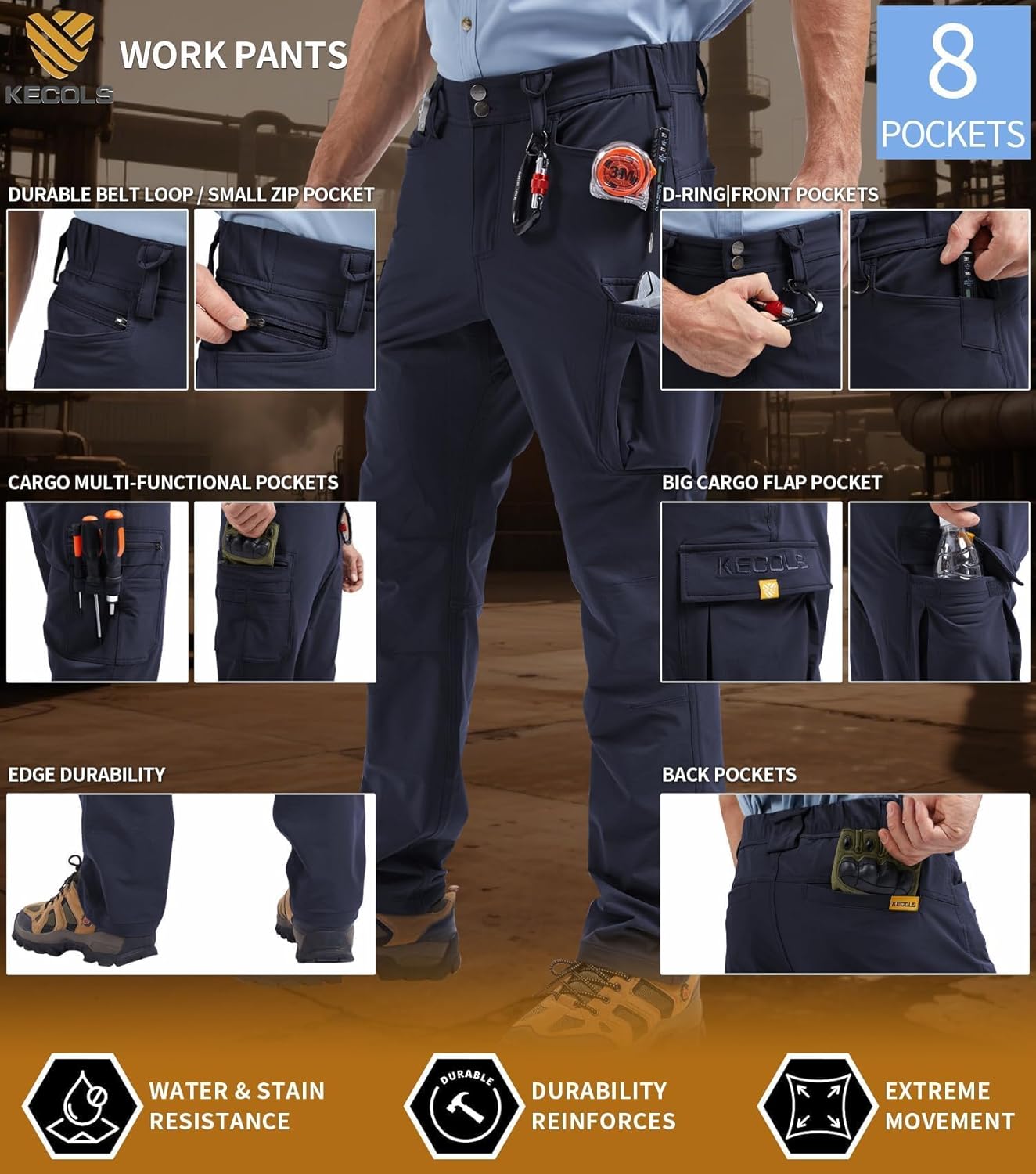 Men's Work Pants - Technical Workwear, Water Resistant, Lightweight, Multi-Pocket with 4-Way Stretch
