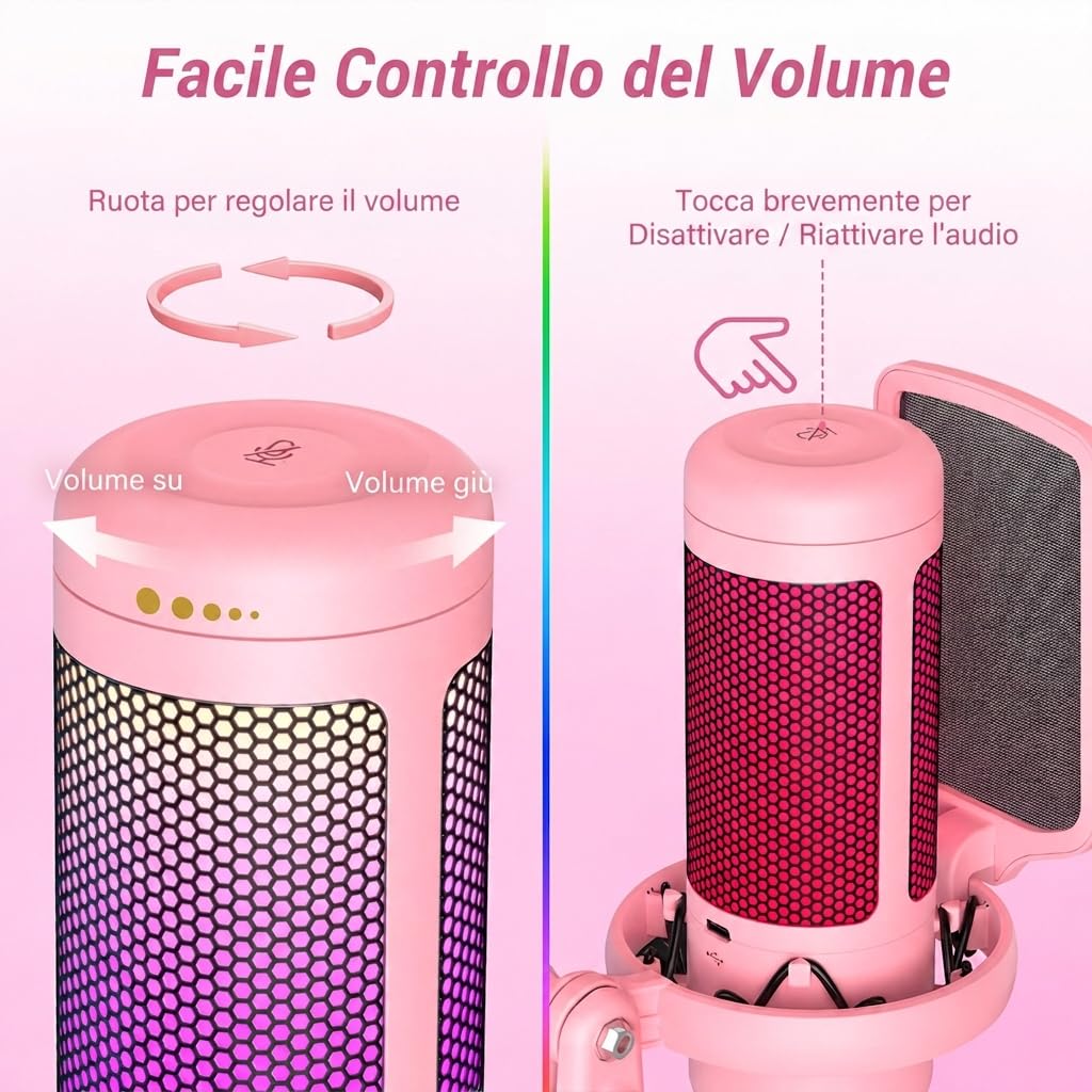 TONOR Gaming Microfono, USB Mic con Supporto per Braccio, Micro a Condensatore Cardioide con RGB e Luminosità Regolabili, Mute Rapido, Controllo del Guadagno, per Streaming, Gaming,Rosa, TC310+