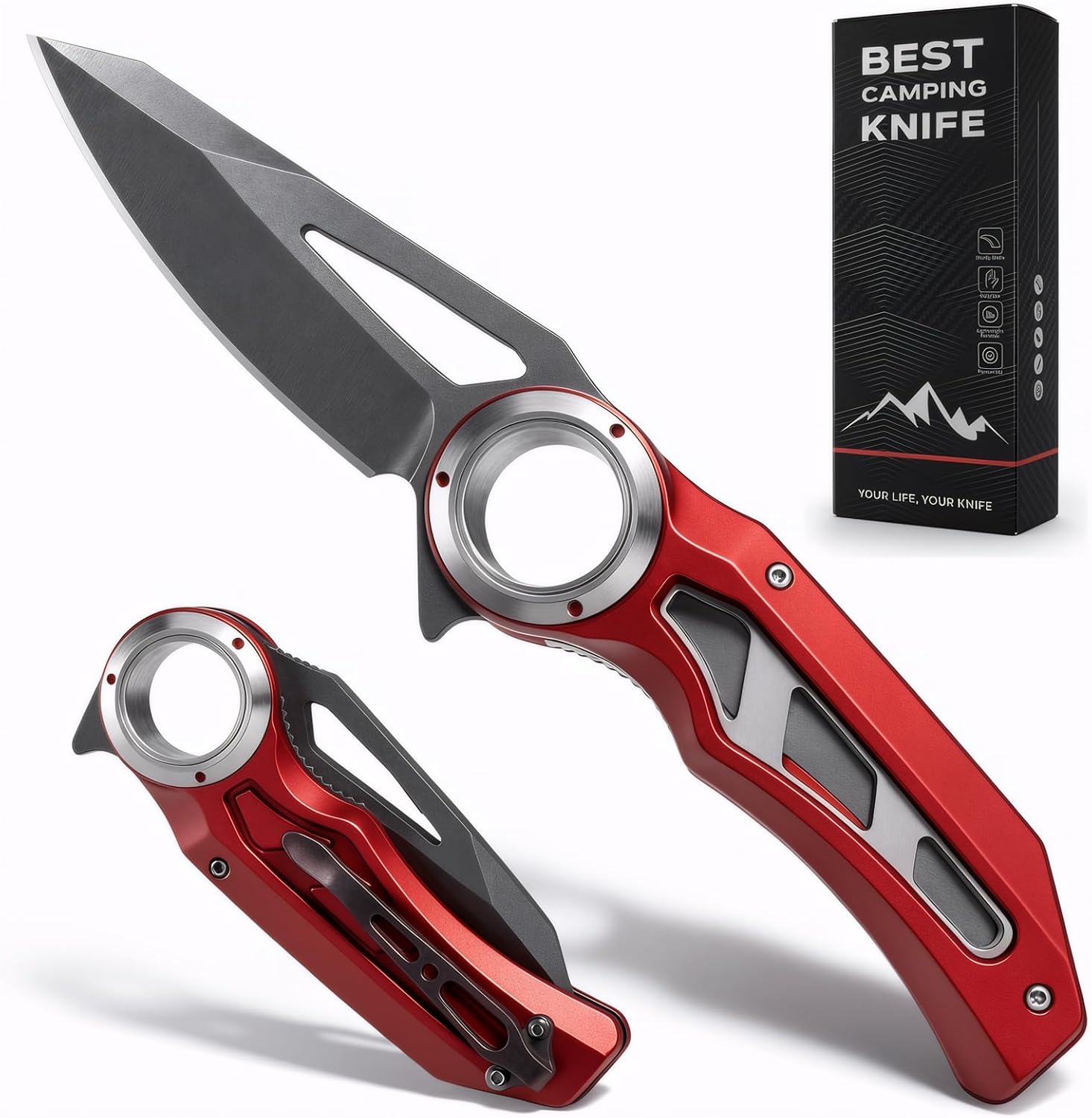 Folding Pocket Knife for Men, EDC Stainless Steel Knife for Tactical Camping Survival Hiking, Cool Gifts Stocking Stuffers for Men Women Husband Dad (red)