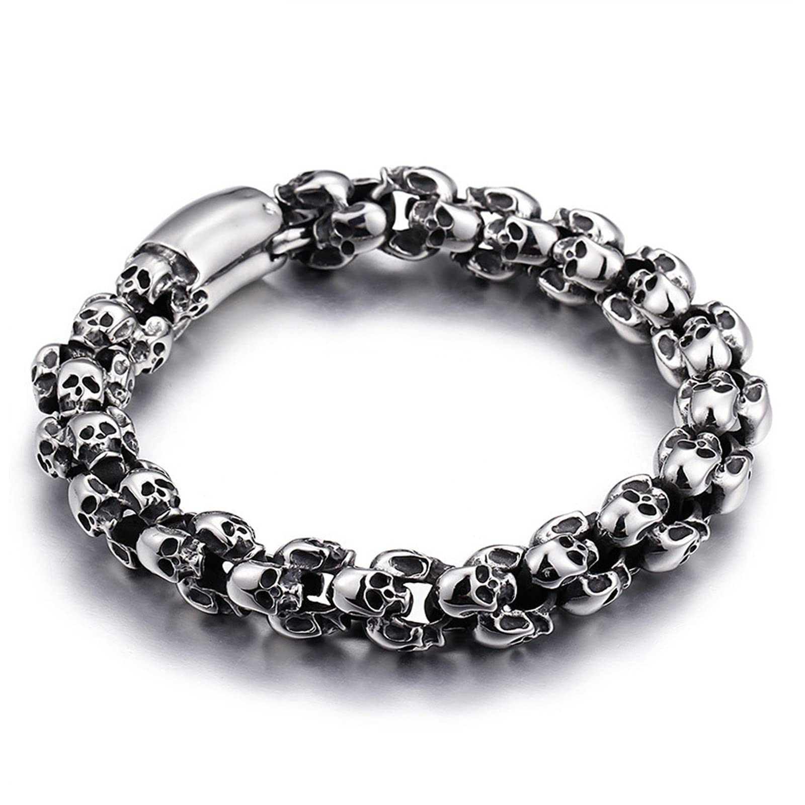 Daesar Herren Armband Freundschaft Edelstahl, Totenkopf Gliederarmband Breit 12MM Armband Schwarz Silber 18.5-22.5CM Partnerarmband für Männer Jugend