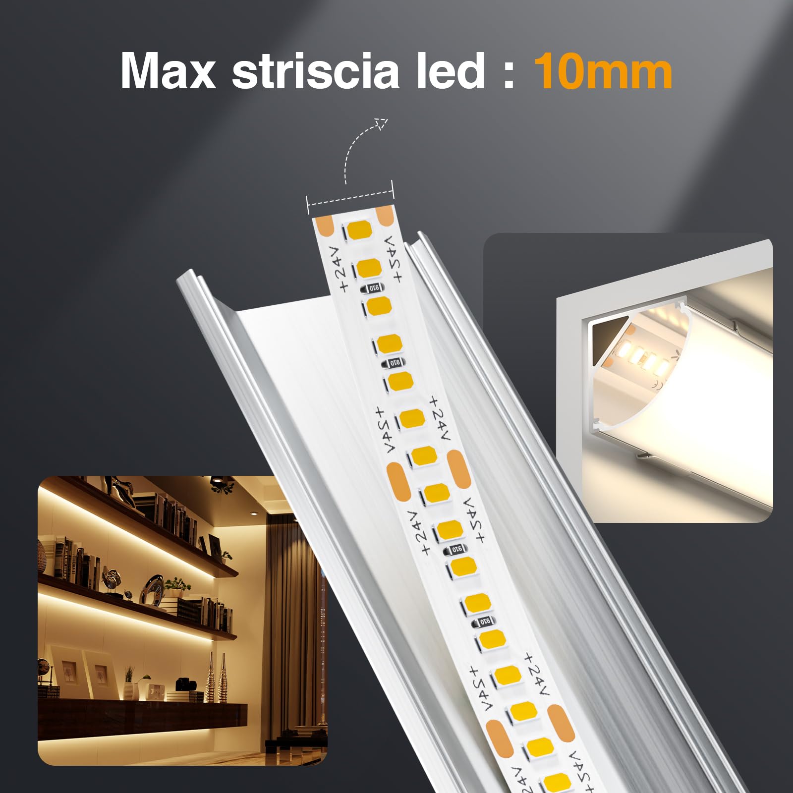 10 x Profilo in alluminio LED 2M (Total 20M) Canale LED a V per strisce LED, binario LED a 90 gradi con diffusore LED, tappi di fine e clip di montaggio in metallo