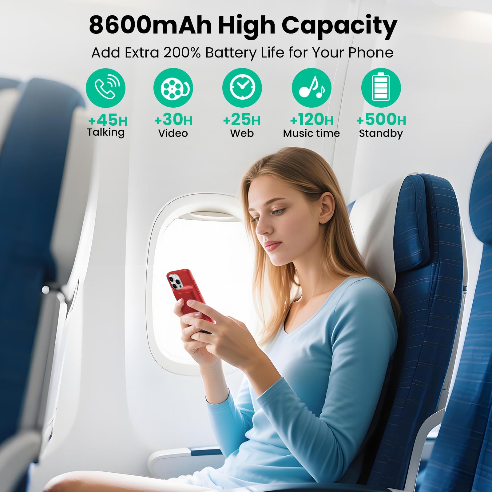 Feob Cover Batteria per iPhone 16 Pro Max, 8600mAh 15W Custodia Ricaricabile Battery Case Custodia Batteria Cover Caricabatterie Power Bank per iPhone 16 Pro Max (6,9") Charger Case (Rosso)