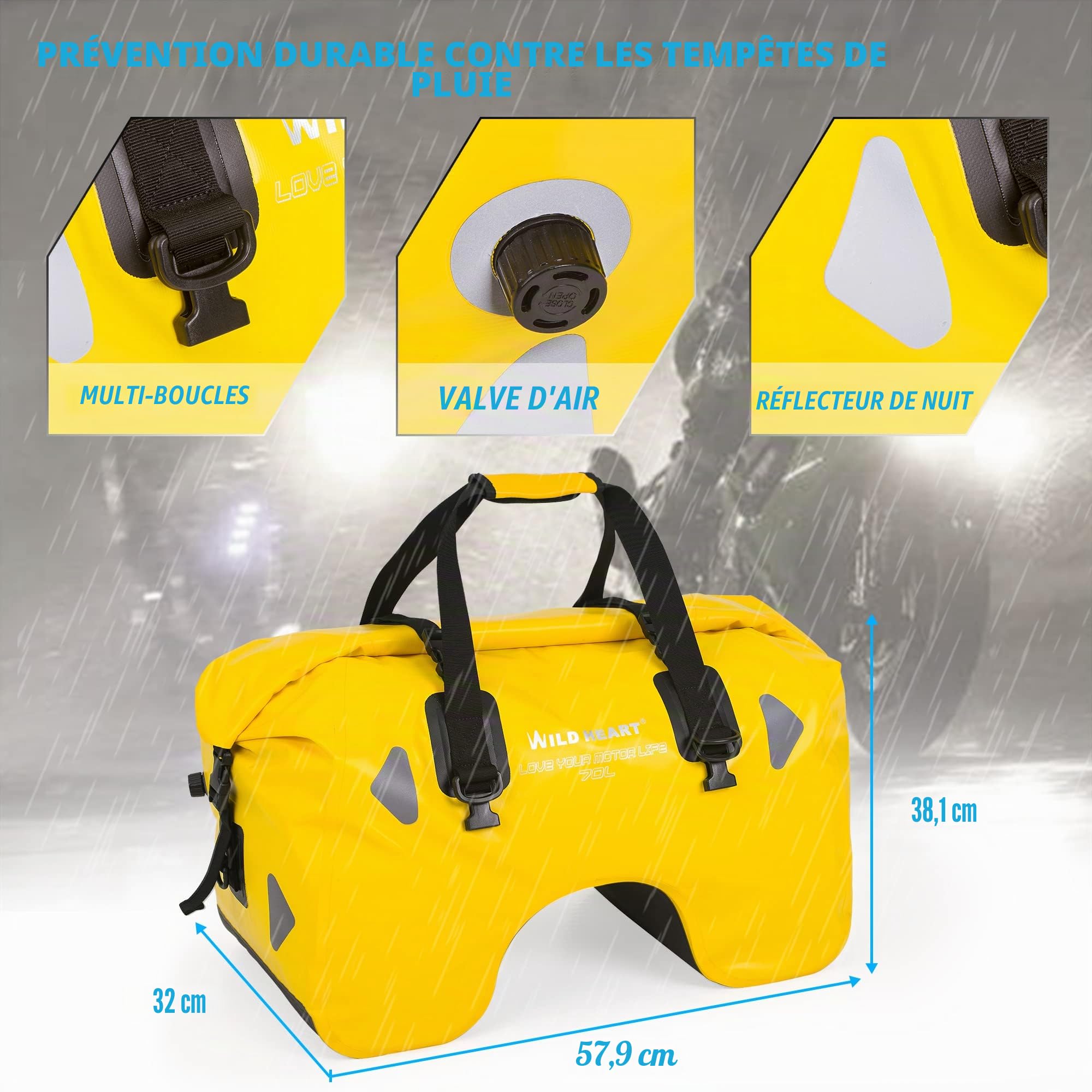 WILD HEART Sac de Voyage Moto en U de 70L Sacoche Etanche Selle Moto - Rangement Durable et étanche pour Motos - Facile à Installer, Sécurisé et sans Danger pour Votre équipement (Jaune)