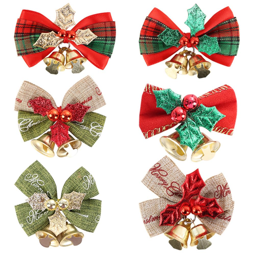 DUORUIMI 6pcs Christmas Tree Bows Ribbon Hanging Decorations with Bells Ornaments Pendant for New Year Xmas Party Multicolored