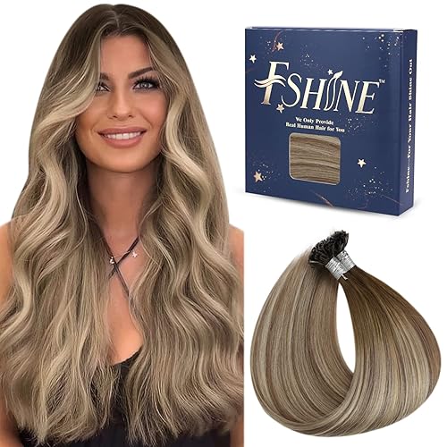 Fshine Extensiones de cabello humano real con punta de uñas ombré, 20 pulgadas, extensiones de cabello con punta de queratina, color marrón oscuro