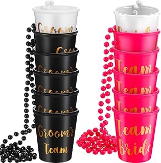 Maitys 12 Pcs Team Bride Groom Bachelorette Shot Glass Necklace with Plastic Beads Chain Gold Foil Bridesmaid Gifts for Wedding Bachelorette Party Bachelor Bridal Shower Decorations(Stylish)