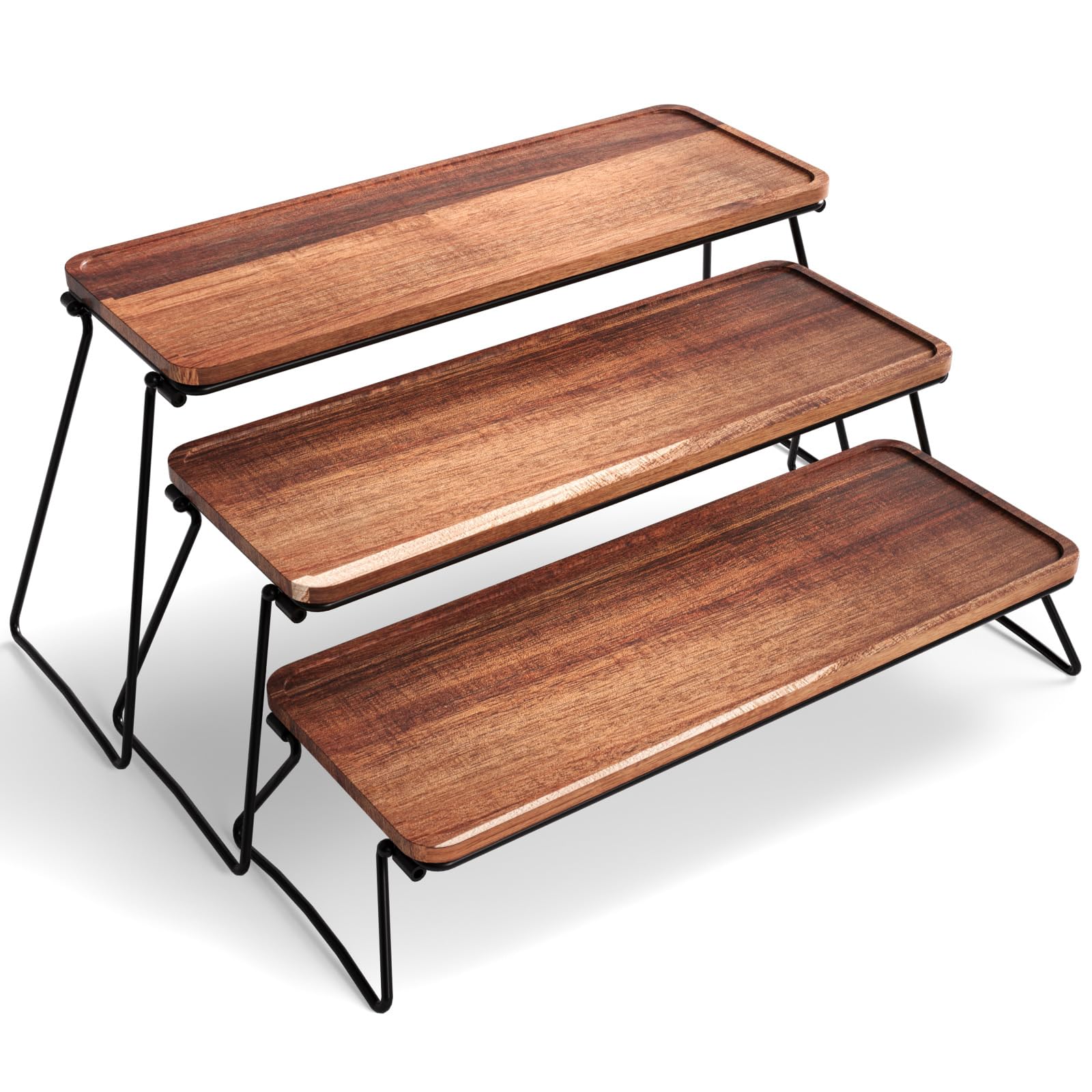 VERTORGAN 3 Tier Acacia Wood Serving Stand with Collapsible Black Metal Frame, Rectangular Tiered Charcuterie Platter, Decorative Cupcake & Dessert Display Tray for Party Buffet 15.75 Inch