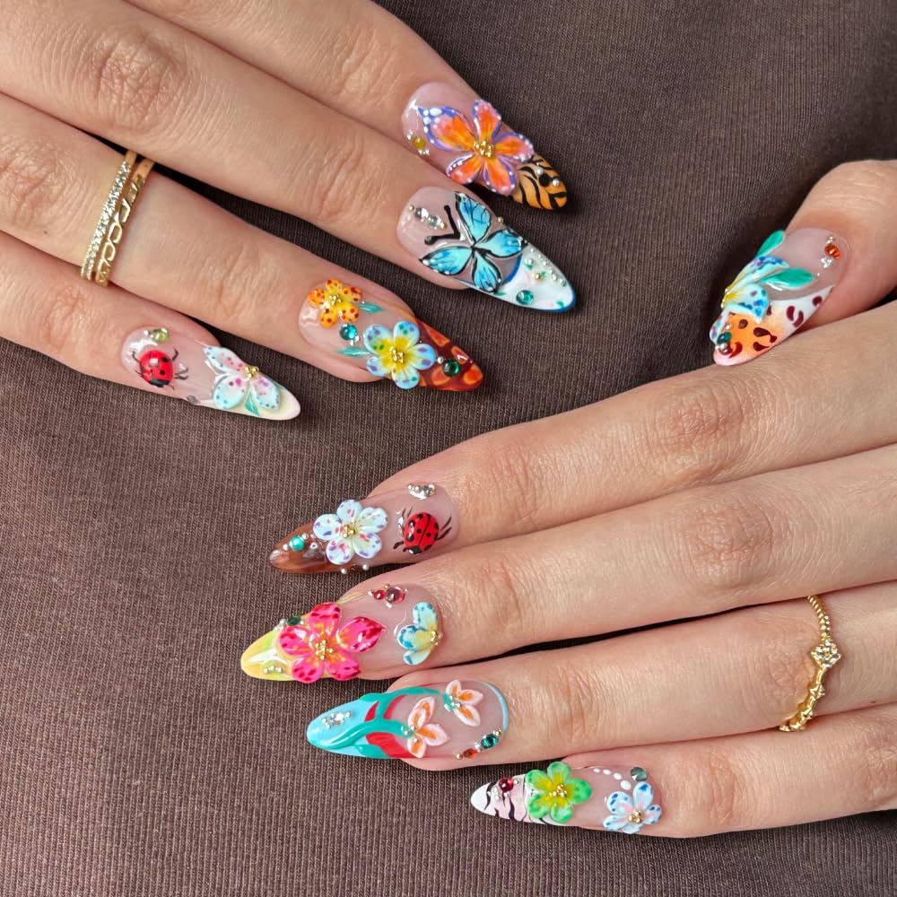 Press On Nails - Handmade Winter Luxury Long Almond False Nails, Reusable Stick On Fake Nails with Glue Salon Acrylic Nails (Size S)