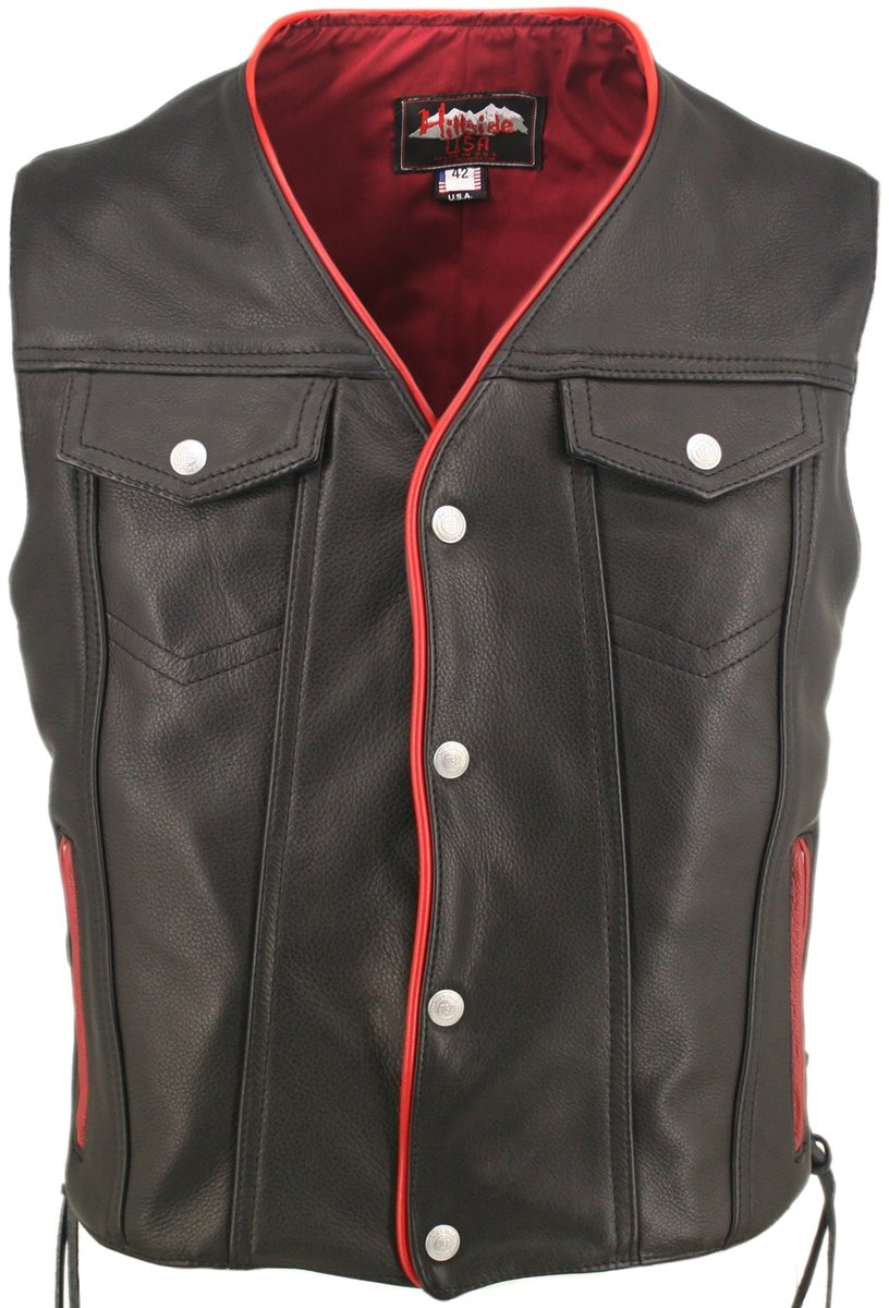 Men's Black Leather Motorcycle Vest with Red Trim & Gun Pockets (Chest:42