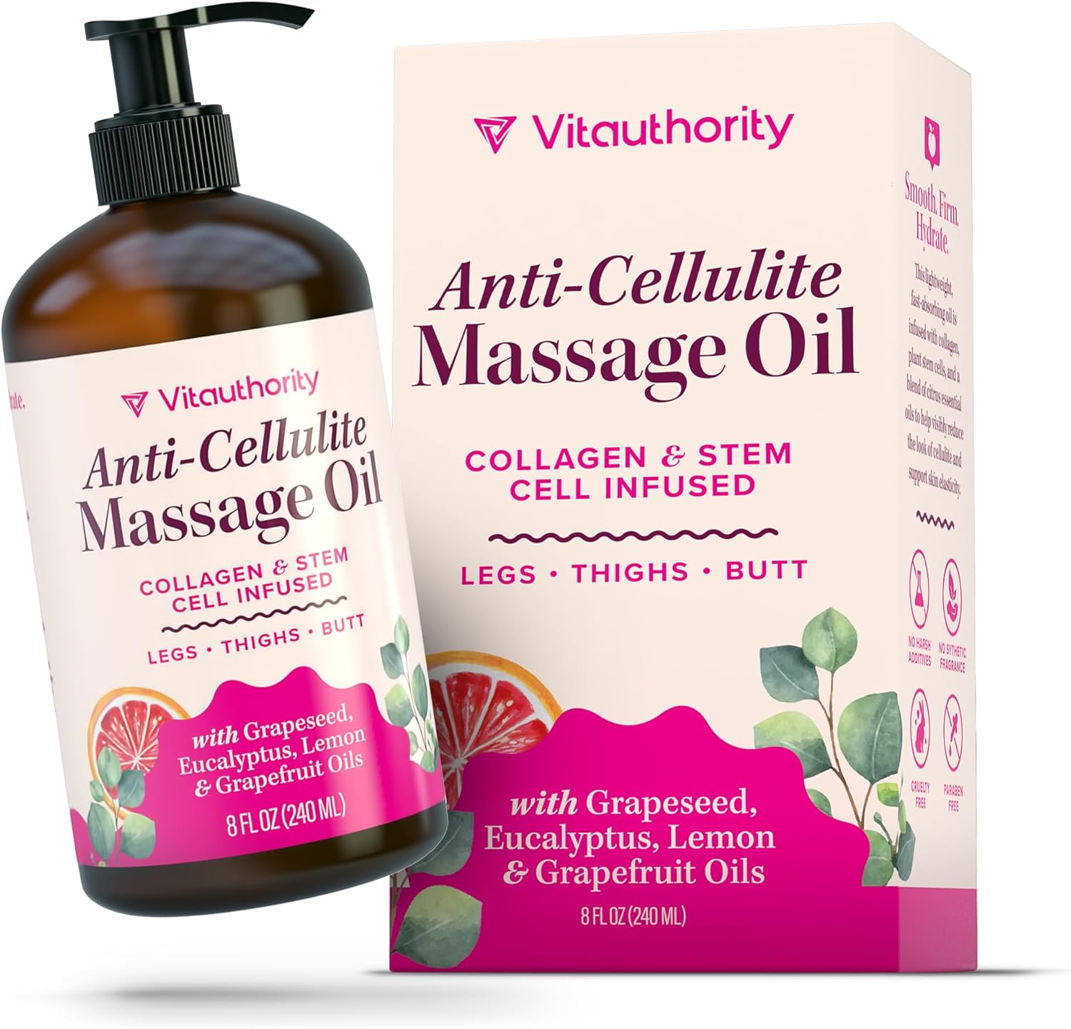 Anti-Cellulite Massage Oil with Collagen Stem Cells Fast-Absorbing Hydrating Body Oil for Thighs, Hips & Curves, Firming and Smoothing Formula with Grapefruit Lemon & Eucalyptus Essential Oils 8 Fl Oz