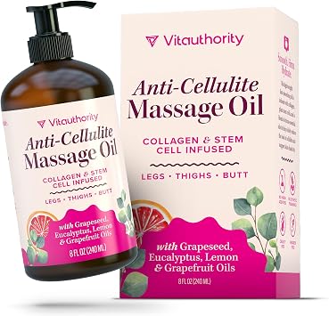 Anti-Cellulite Massage Oil with Collagen Stem Cells Fast-Absorbing Hydrating Body Oil for Thighs, Hips & Curves, Firming and Smoothing Formula with Grapefruit Lemon & Eucalyptus Essential Oils 8 Fl Oz