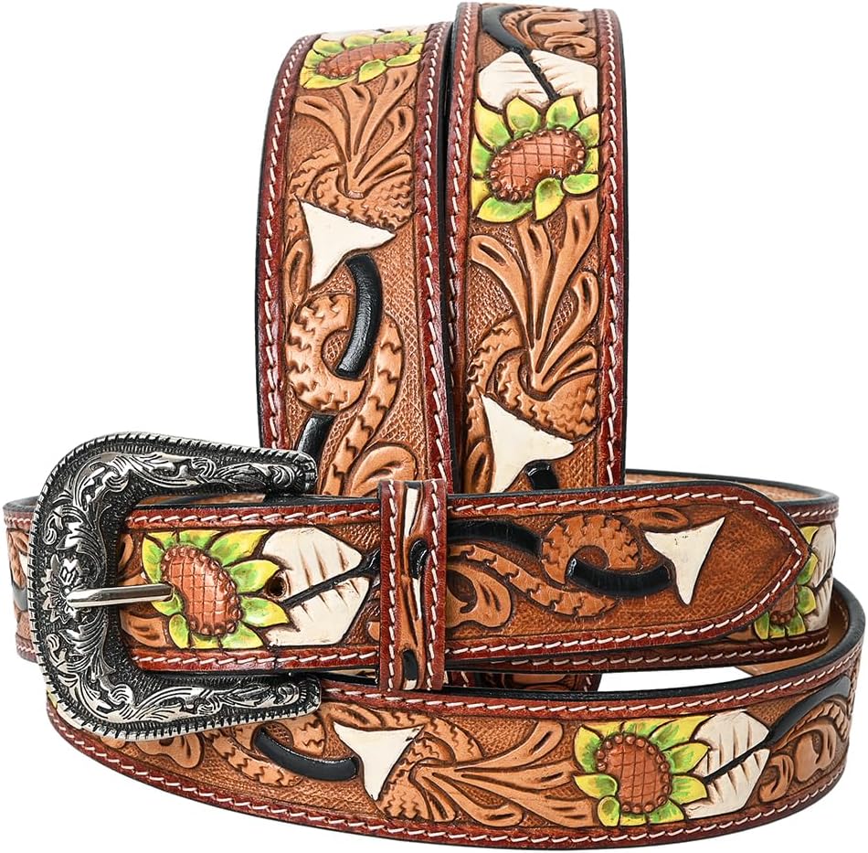 American Darling Beautifully Hand Tooled Tan Genuine Leather Belt Men and Women Western with Removable Buckle