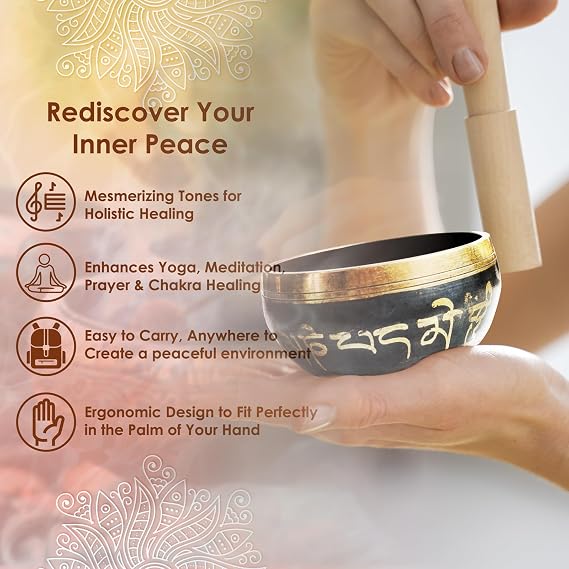 REGIS Tibetan Singing Bowl Set ， Mindfulness, and Stress Relief zen decor，Bowl Handcrafted in Nepal for Healing and Mindfulness (Black, 3 inch)