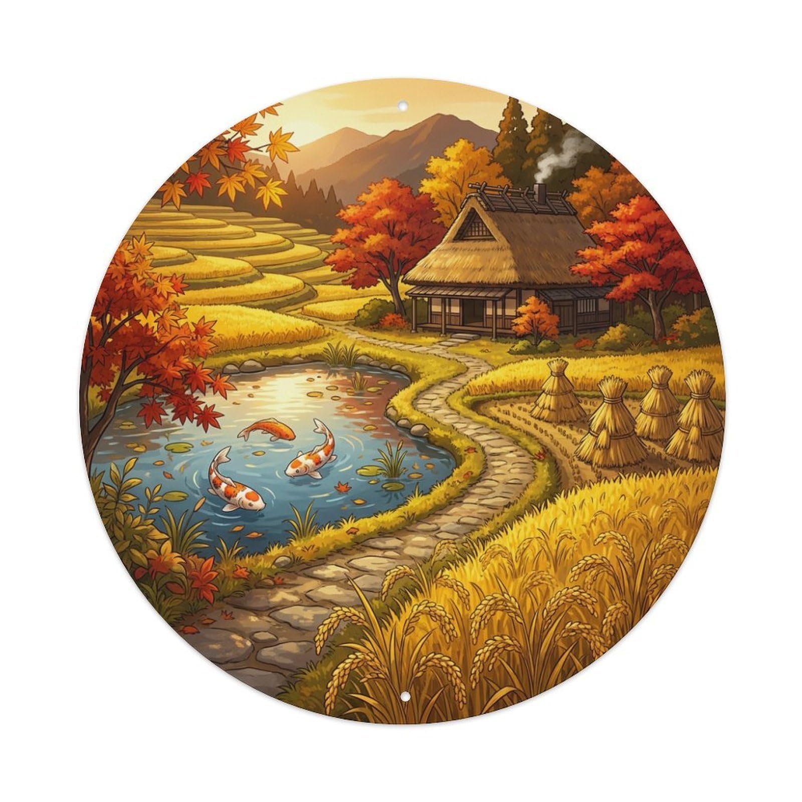 Galvaxio Style Japanese Koi Fish Autumn Harvest Golden Fields Metal Tin Sign