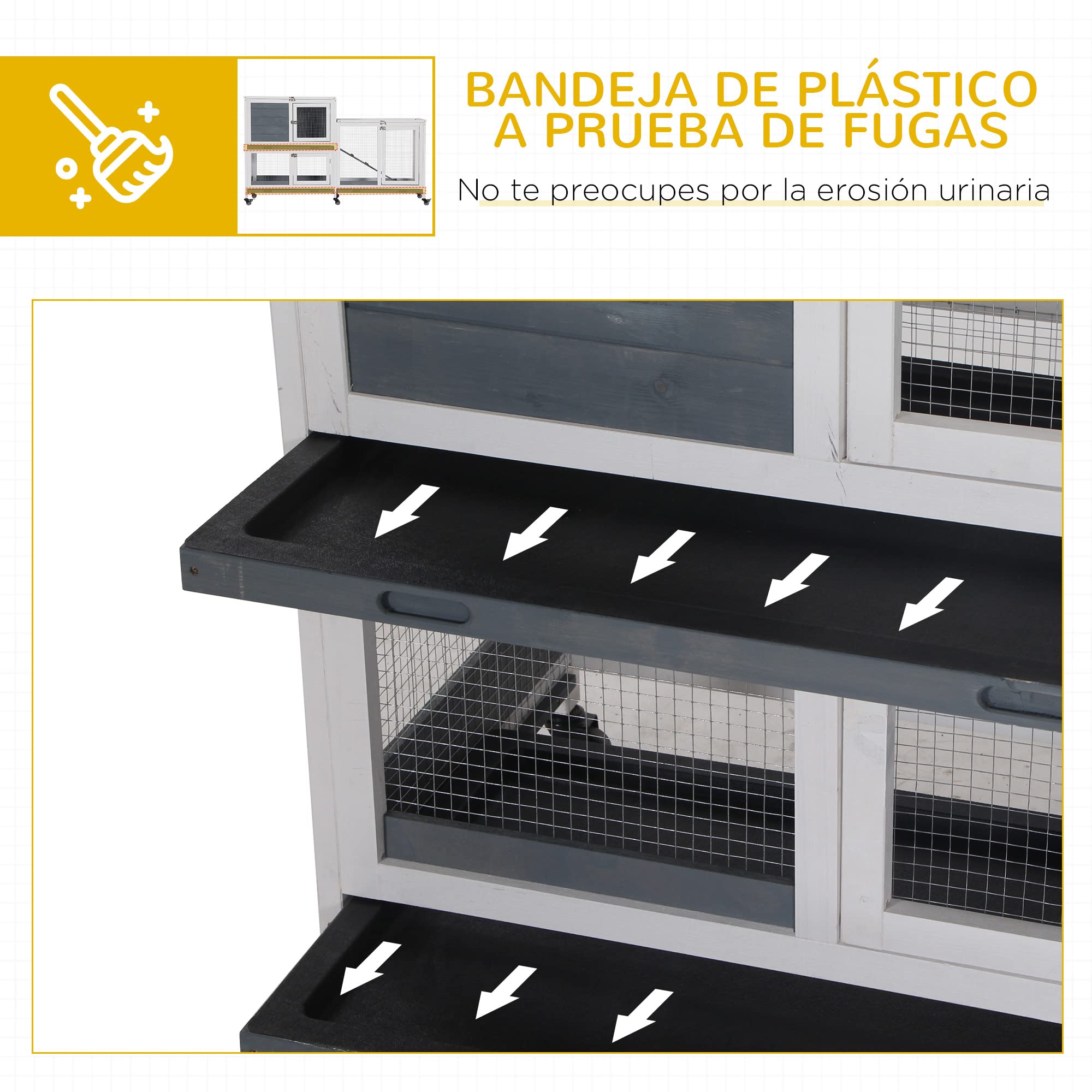PawHut Conigliera in legno su ruote 147x45,5x88,5 cm Gabbia per conigli a 2 livelli con tetto apribile 2 corridoi in metallo 3 vassoi rimovibili 3 porte con chiusura e rampa Grigio