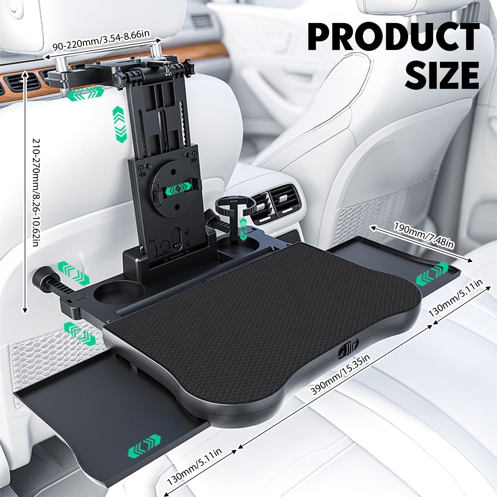 Tavolino Auto, Vassoio del Sedile Posteriore 'Automobile con Portabicchieri e Supporto, Pieghevole, Telescopico, per Viaggi, Lavoro, Cibo (Portata 20kg)