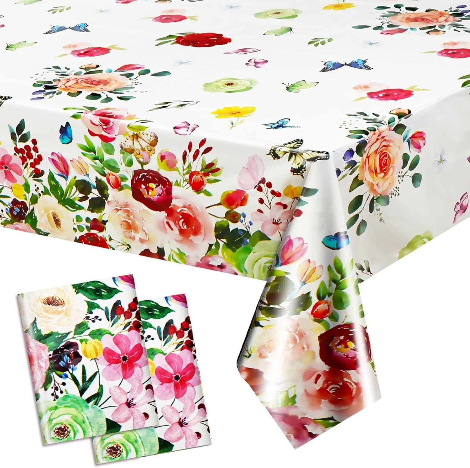 Floral Tablecloths, Colorful Flower Plastic Table Cloth Butterfly Rose Tablecovers for Summer Birthday Wedding Mothers Day Tea Party Decorations (2)