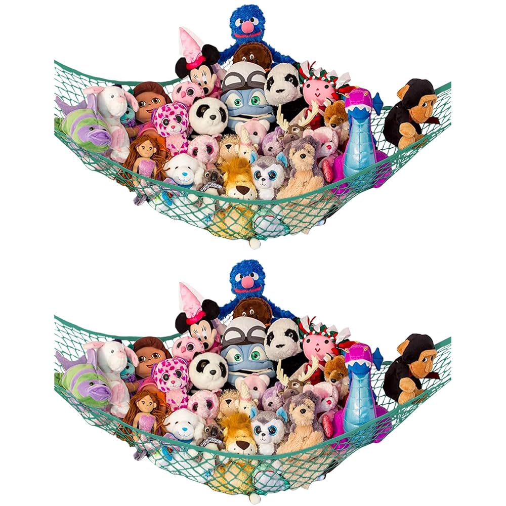 Lilly\'s Love Stuffed Animal Hammock | Corner Hanging Organizer, Toy Storage, Stuffed Animal Storage Net | Made from Quality Fishing Net, Holds 12lbs | 67x47x47 (Green, 2 Pack)