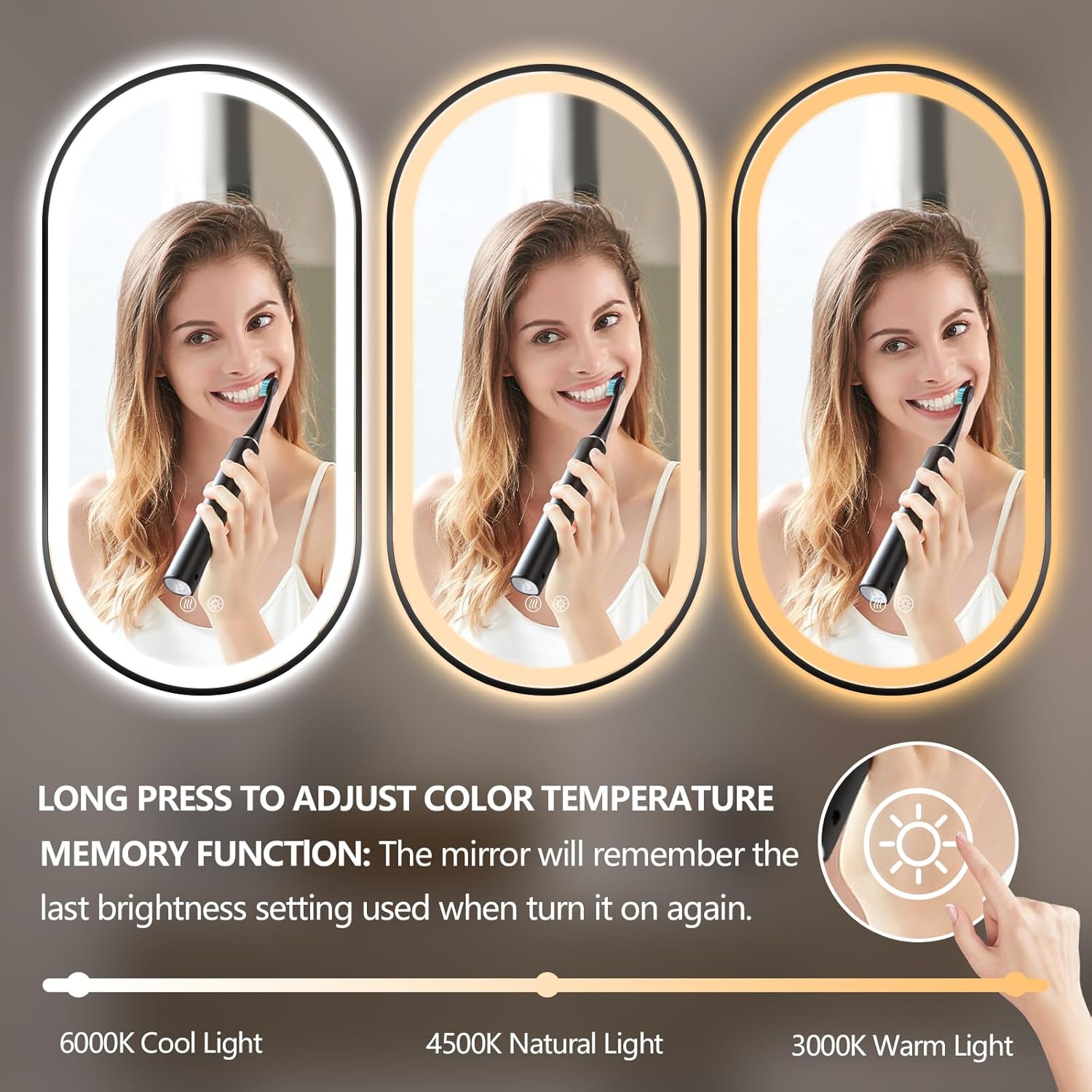 niccy oval led mirror for bathroom, 48x24 front lit + backlit vanity mirrors with light anti-fog, shatter-proof, 3 colors, makeup mirror with black frame (horizontal/vertical) black 48"l x 24"w