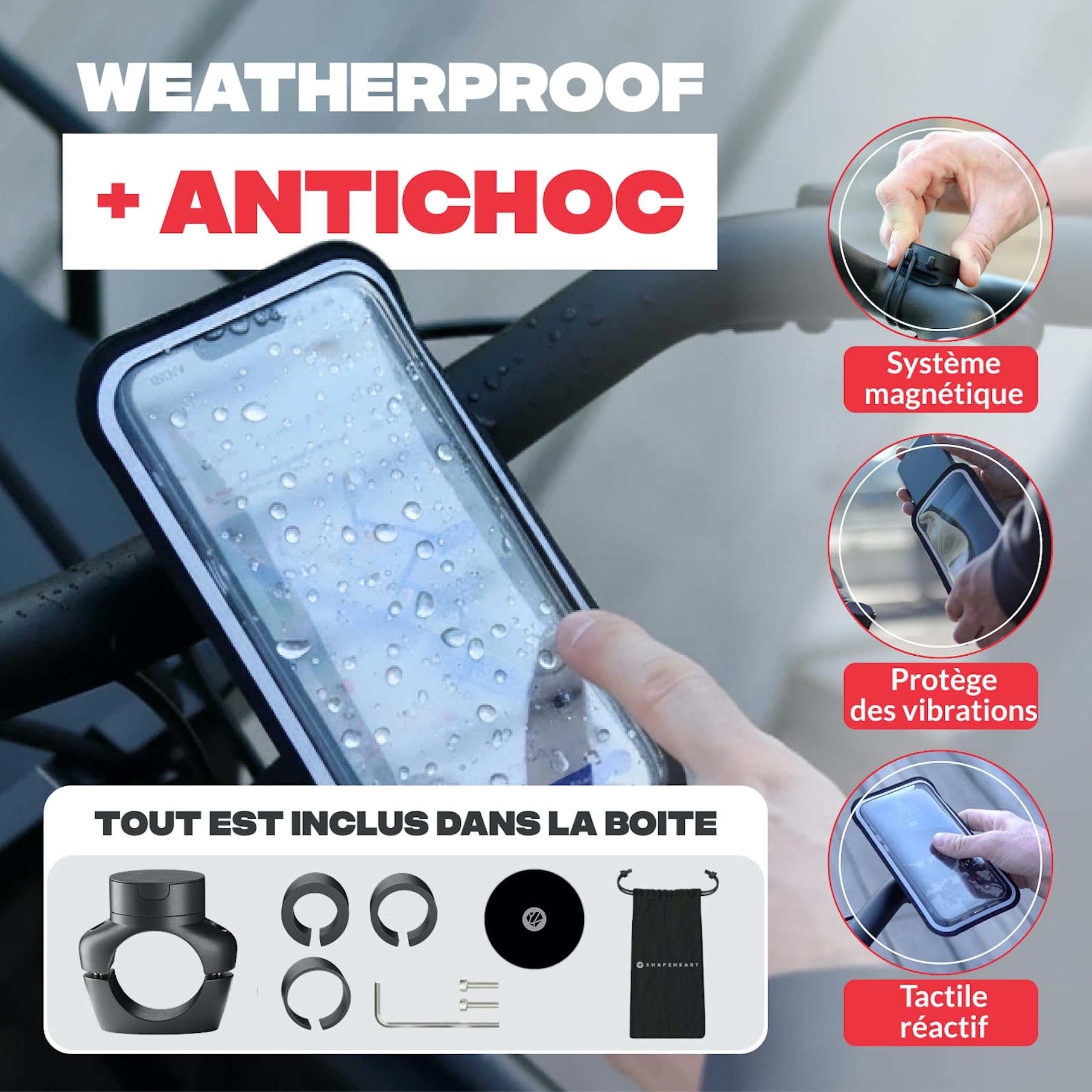 Shapeheart Support Téléphone Magnétique Pro pour Vélo - Fixation Vissée Guidon - Pochette Étanche XL Tactile - Housse Imperméable pour VTT, Trottinette Électrique - Système Stable et Amovible