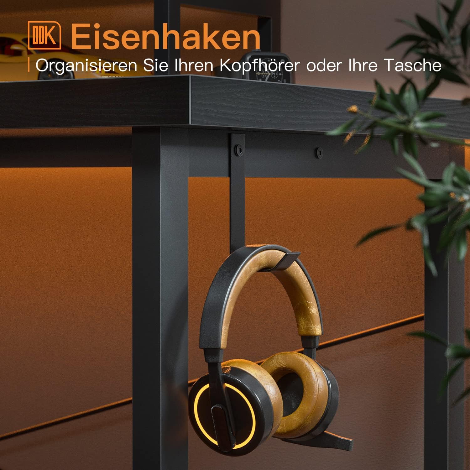 Close-up of the ODK L-shaped desk's integrated headphone hook