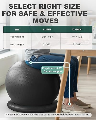 Miniatura 5 de Trideer Silla de pelota de yoga con base para escritorio de oficina en casa, asiento de pelota de estabilidad y fitness para aliviar el dolor de