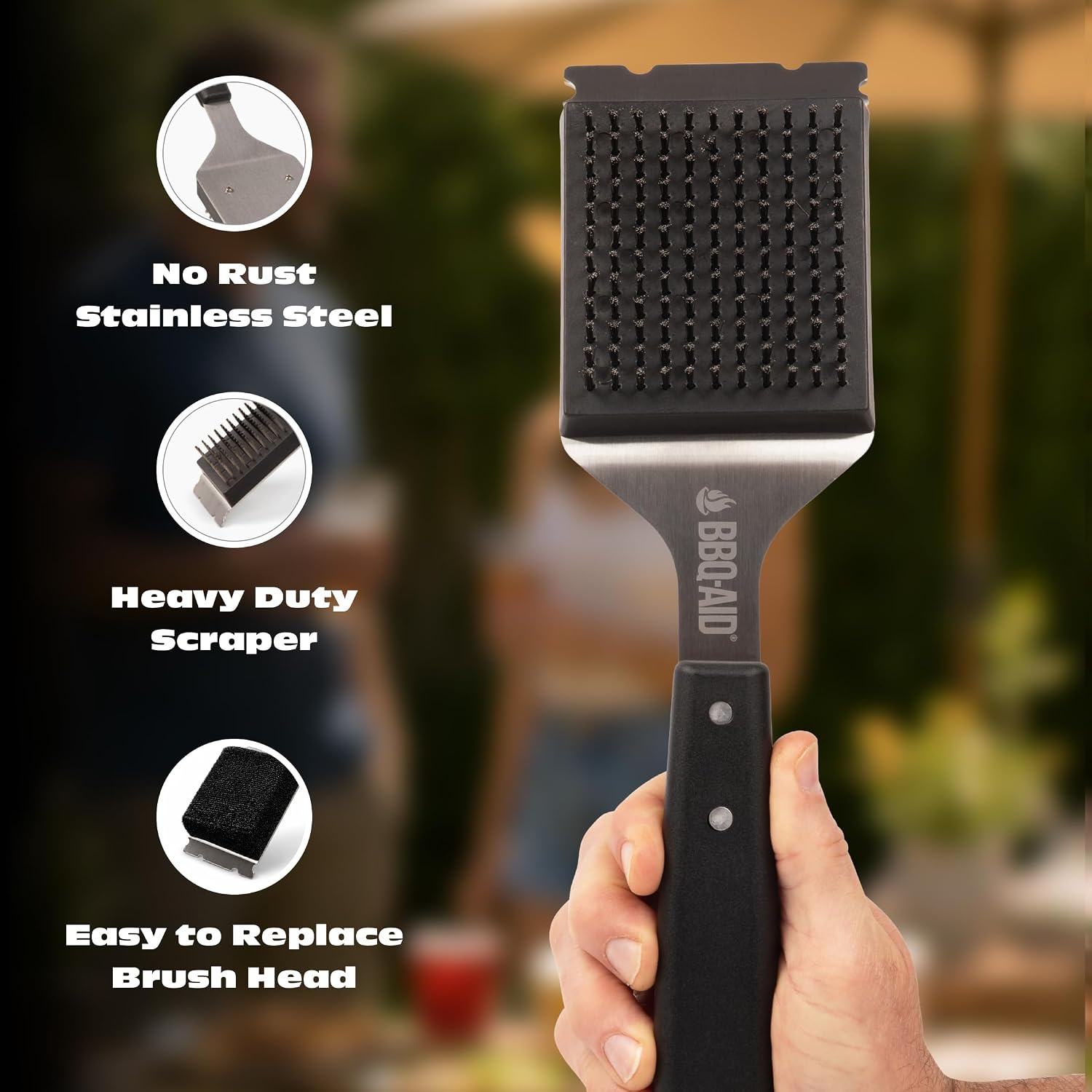 Grill Brush for Outdoor BBQ Grill Cleaning Scraper, Replaceable Head, Black image 2