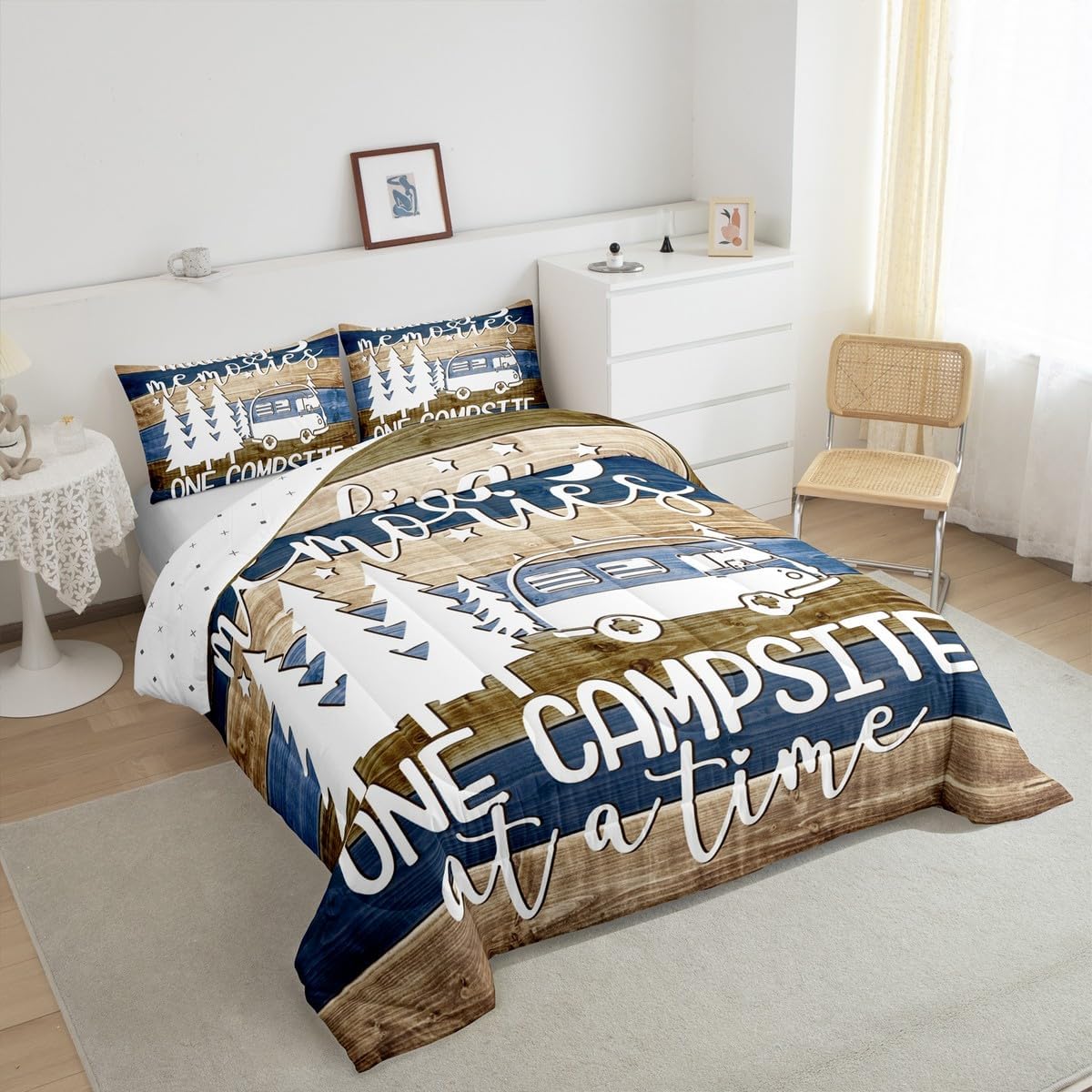 Feelyou Camper Comforter Set Queen Size Comforter for Kids Teens Adults RV Camping Bedding Set Rustic Farmhouse Style Duvet Set Room Decor 3Pcs with 2 Pillow Case