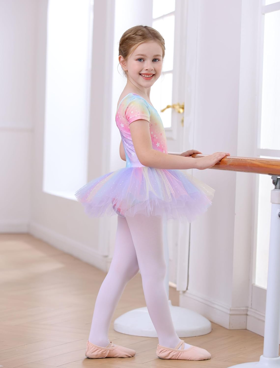 MdnMd Short Sleeve Glitter Dance Ballet Tutu Leotard Ballerina Outfit for Girls Toddler - Image 5