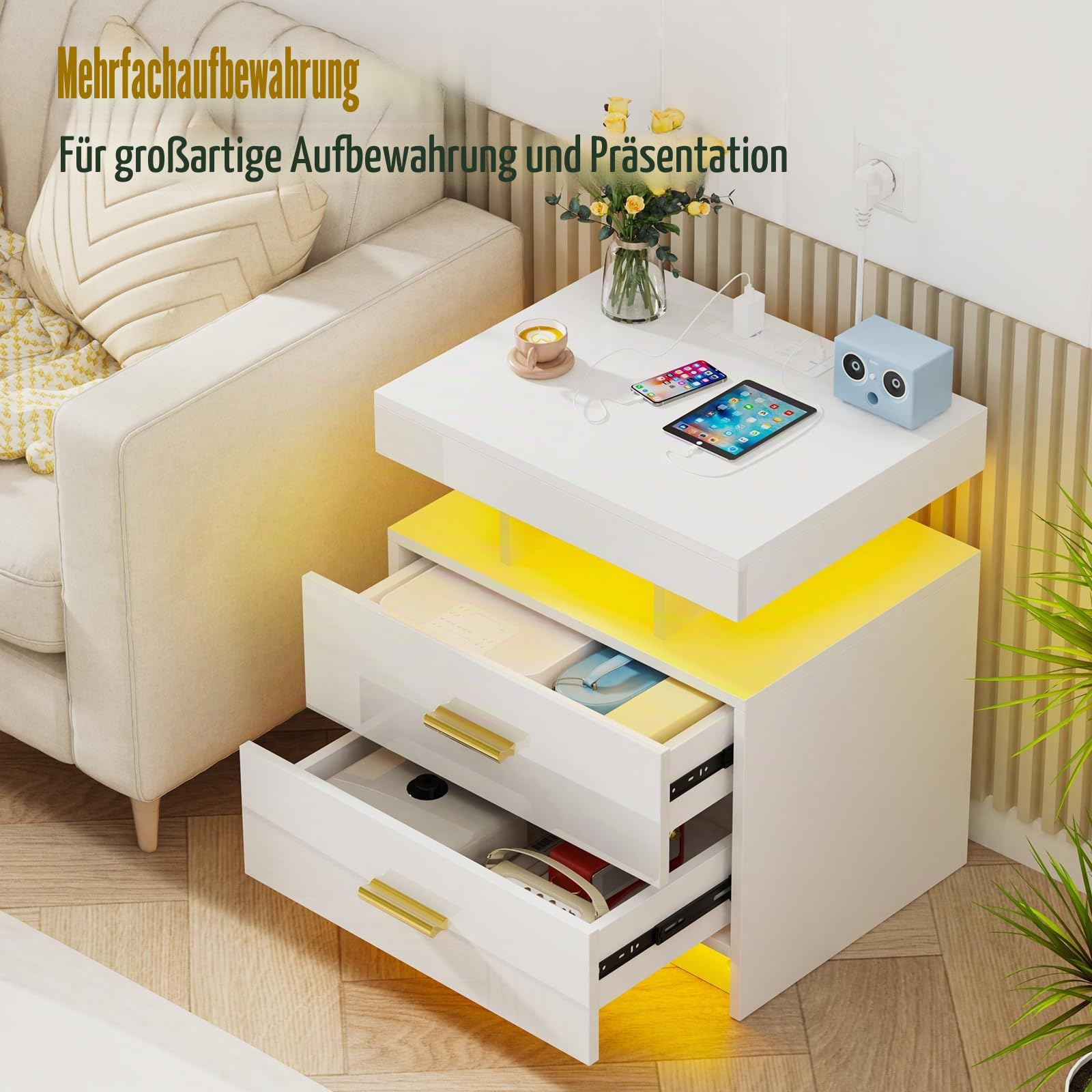 Nachttisch LED mit Steckdose(2 AC-Steckdosen & 2 USB-Anschlüsse), Nachtkommode mit 2 Schubladen und 2 in 1 Led, Moderner Nachtkästchen für Wohnzimmer, 50x40x58cm, Weiß