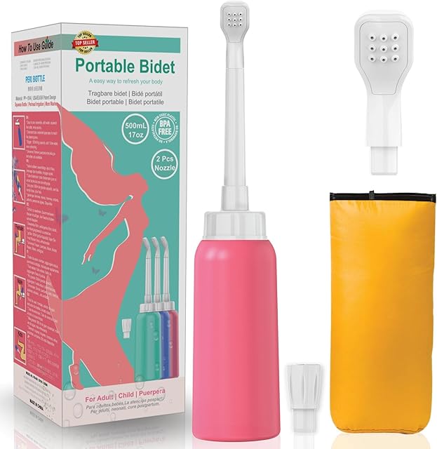 Portable Bidet with 2 Nozzle + Scalable Tube - 500ml Travel Bidet - Perineal Wash Bottle for Postpartum Care 17oz Handheld Personal Bidet -Intimate Wash for Women (Pink )
