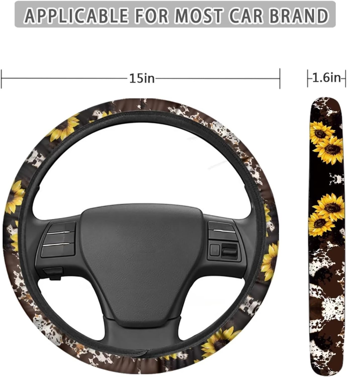15inch Cow Sunflower Auto Steering Wheel Cover for Women Men Sunflower Lover,Brown Cowhide Steering Wheel Cover Protector Accessory Elastic and Anti Slip