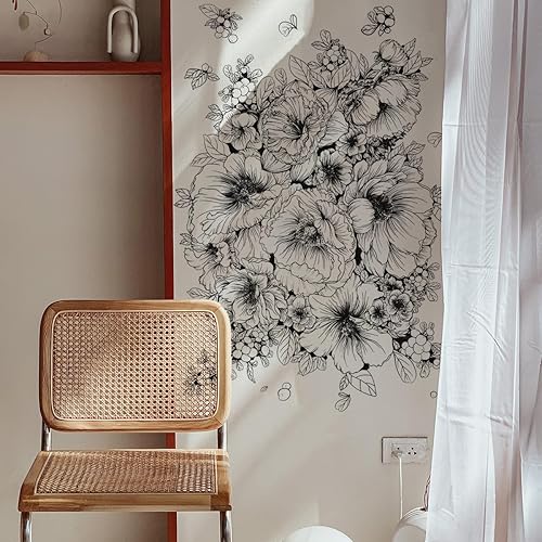 Miniatura 5 de Runtoo Calcomanías de pared florales en blanco y negro, diseño de peonía, decoración de pared para sala de estar, dormitorio, oficina