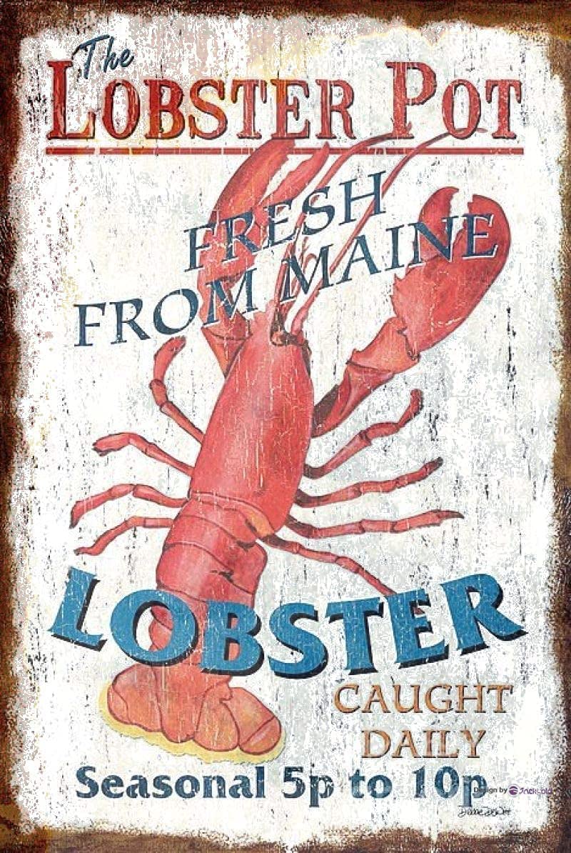 Retro Metal tin Sign Lobster Metal The Lobster Pot Fresh from Maine, Home Garage Kitchen Bar Club Hotel Wall Decor S 12x8 Inch Vintage Sign
