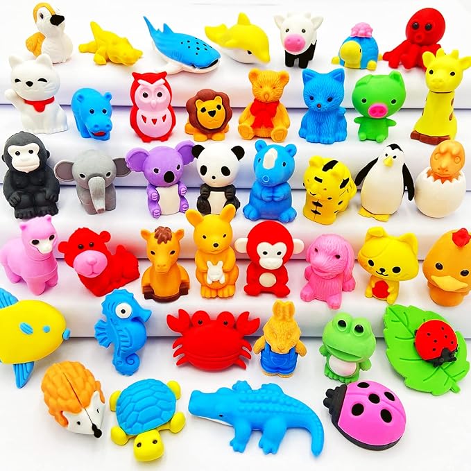 40Pcs Animal Erasers Desk Pets for Kids Assembled Eraser 3D