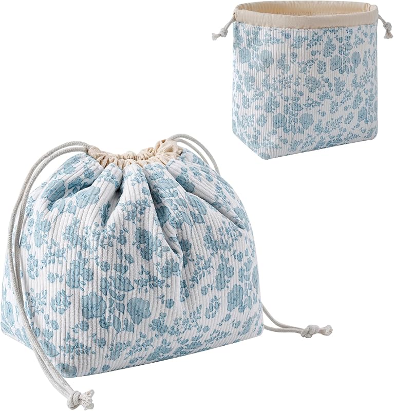 Necessaire de maquiagem RSRSLEII em veludo cotelê com cordão e forro de lona, estampa 07 LightBlue Flower