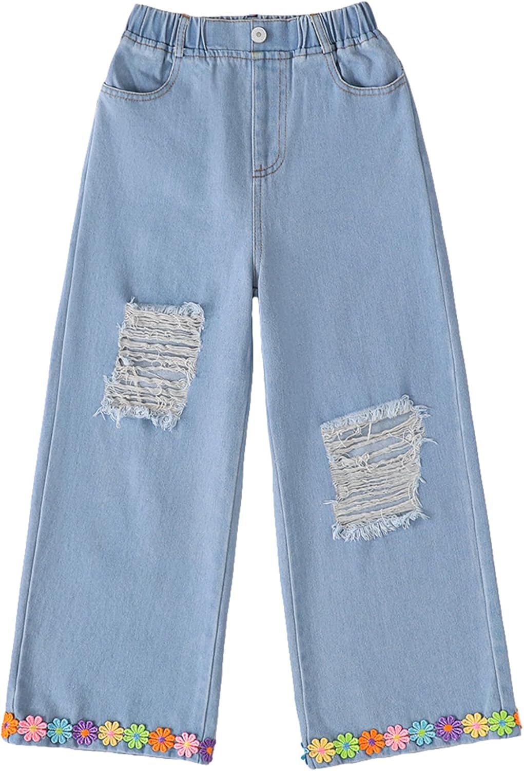 Hilinker Girls Ripped Jeans Wide Leg Flower Elastic Waist Distressed Denim Pants