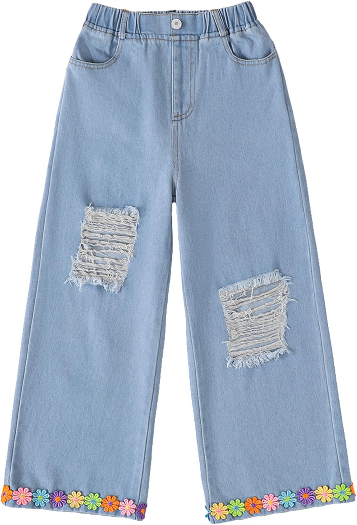 - Girls Ripped Jeans Wide Leg Flower Elastic Waist Distressed Denim Pants