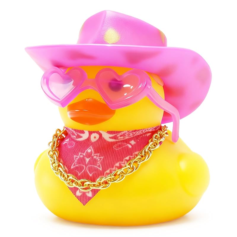 Pato de Borracha Decorativo para Painel de Carro com Chapéu, Lenço, Colar e Óculos Rosa Pink4 BOZILY