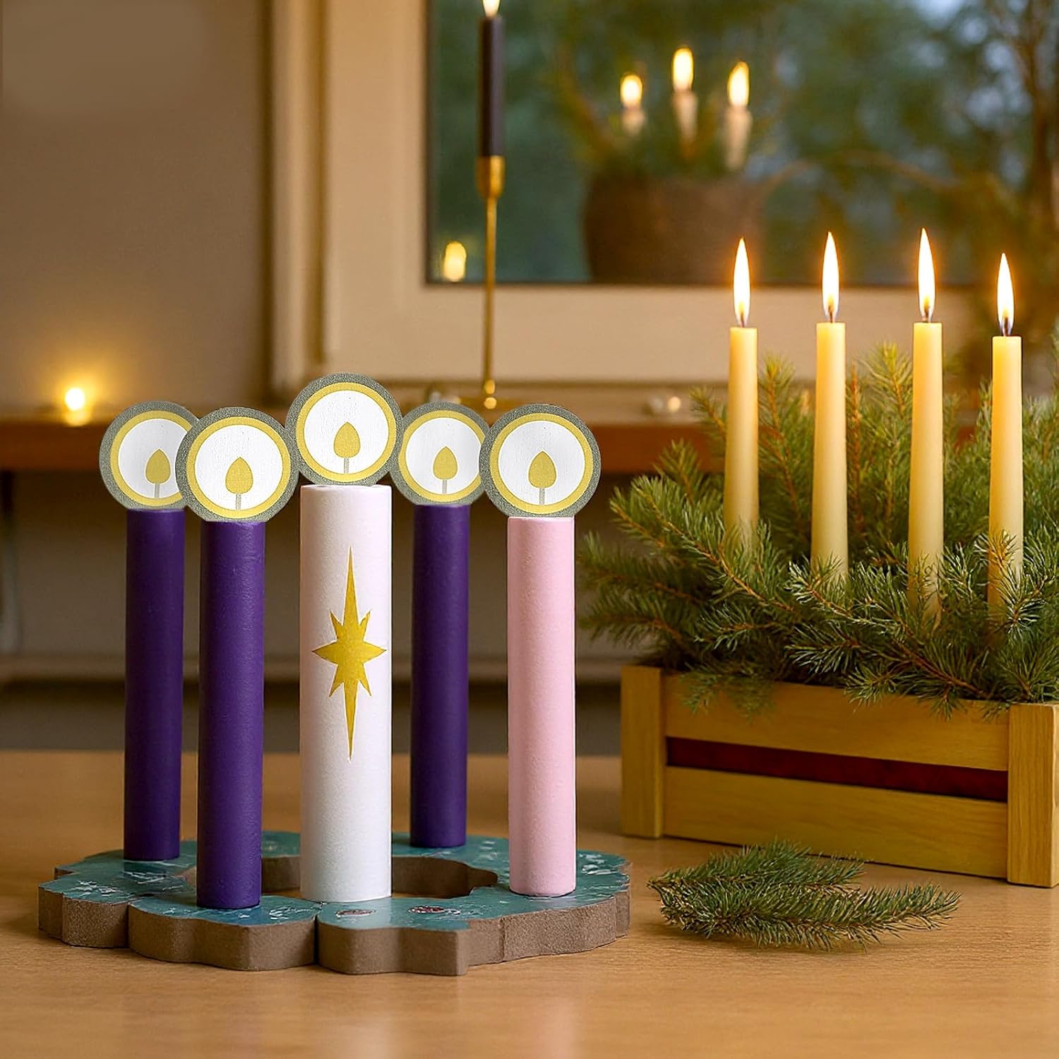 Threlaco Wooden Christmas Advent Wreath with 5 Candles Christmas Advent Candles Decor Rustic Religious Wreath Decoration for Xmas Church Desk Table Christian Gift