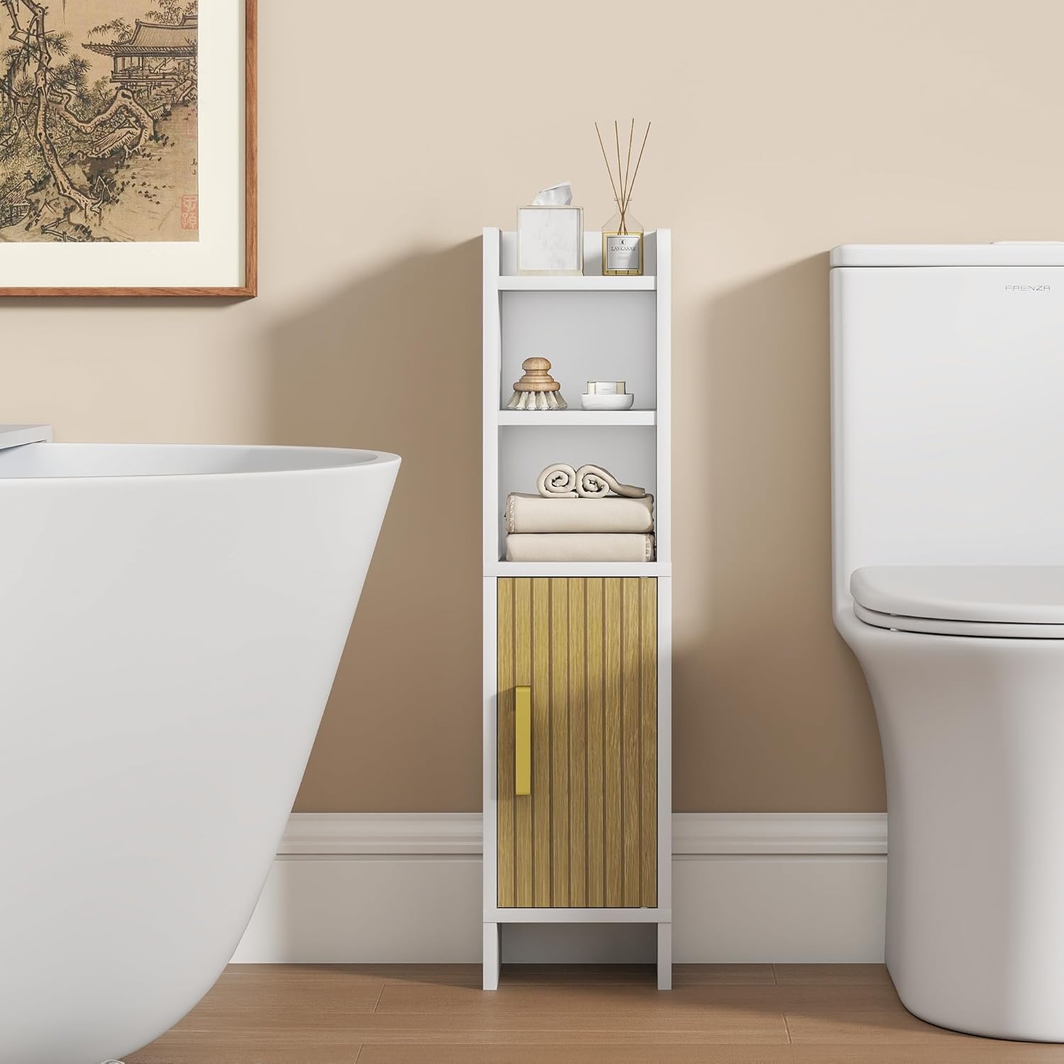 Bathroom Storage Cabinet, Small Corner Floor Cabinet with Fluted Door Narrow Toilet Paper Cabinet with Adjustable Shelves Wooden Slim Bathroom Organizers and Storage for Small Spaces, White