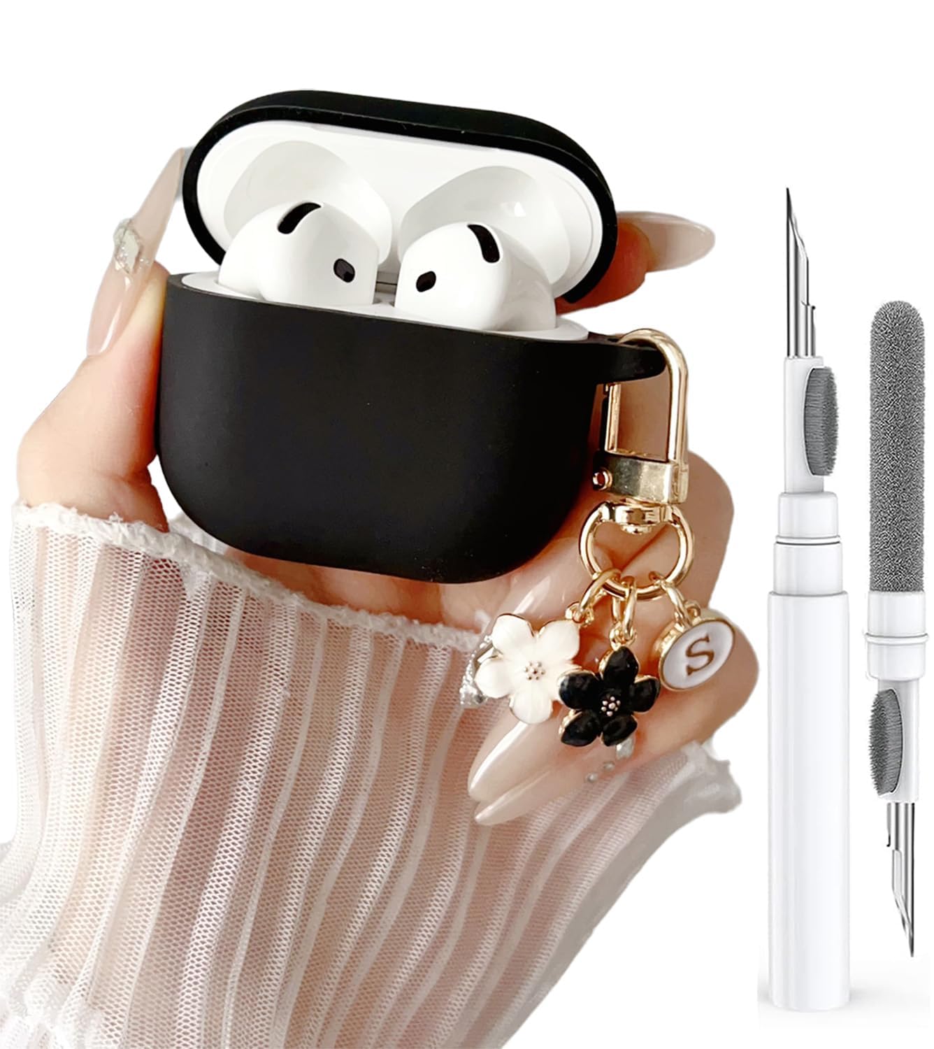 Olytop Cute Case for Airpods 4 Case Cover for Girl Women, Compatible Airpod 4th Generation with Flower Keychain&Cleaning Pen, Soft Silicone Protective