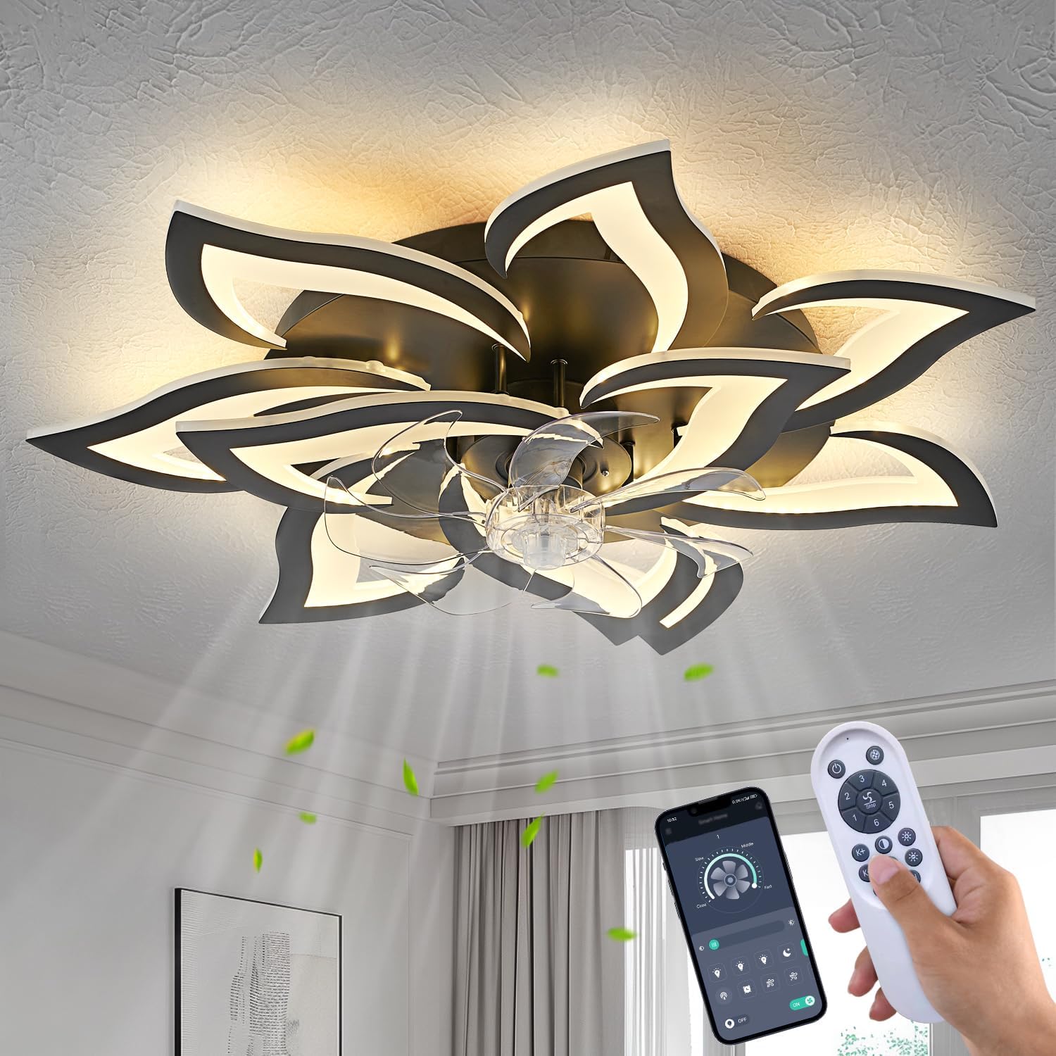 HuixuTe 32" Modern Geometric Ceiling Fan with Lights Remote Control, Black 6 Speeds 3 Colors Low Profile Ceiling Fan with Light for Living Room