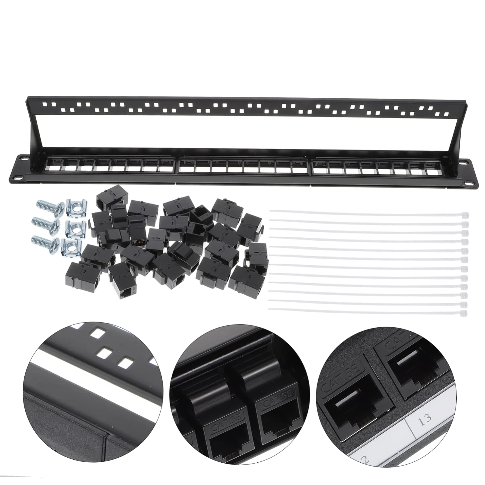 Panneau de Brassage Réseau 24 Ports Cat5e Non Noir en Plastique | Contact Plaqué Or, Serrage Ferme et Fiable, Usage Bureau ou Base de Données