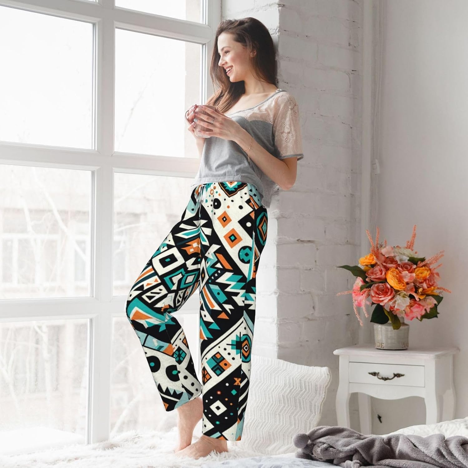 Women'S Colorful-Navajo-Pattern-Aztec Fleece Pajama Pants, Cozy Flannel Lounge Bottoms For Women