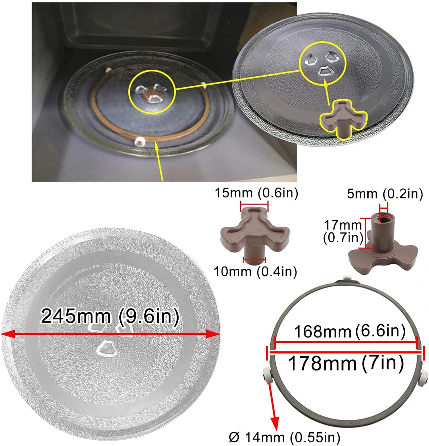 9.6" Glass Turntable Plate For Small Microwaves - 1 Kit Replacement Coupler And Ring, Flat Turntable Plate With Triple Arm Microwave Turntable Ring, Microwave Oven Cooking Plate ( Color : A , Size : 2