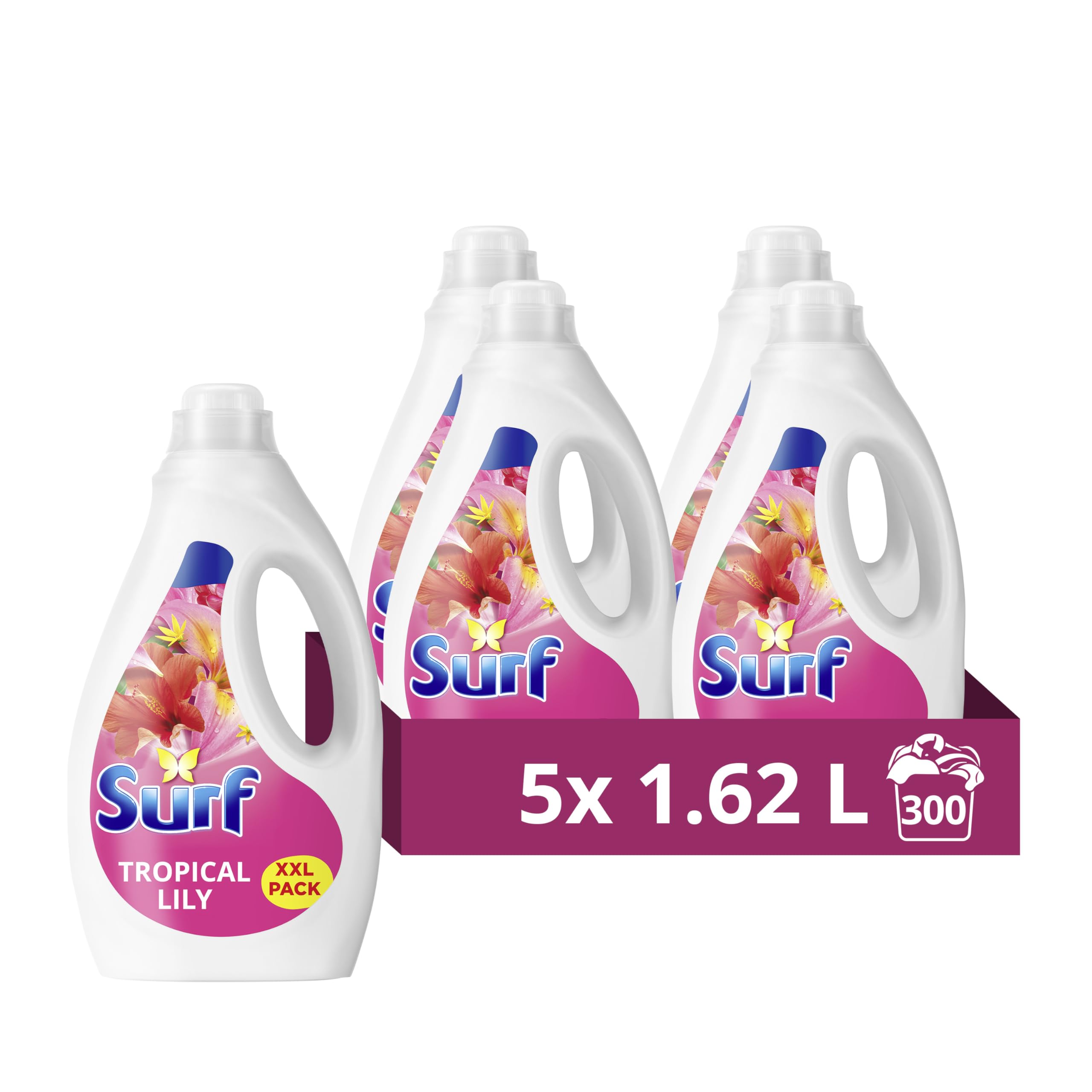 Surf Tropical Lily Laundry Washing Liquid 300 washes with a joy-infused fragrance with natural essential oils lasting up to 12 hours in wear Detergent for brilliantly clean results (5x 1.62 L)